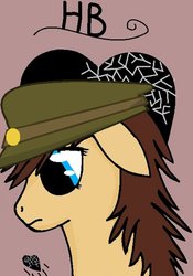 Size: 747x1069 | Tagged: safe, artist:whispering cherry, oc, oc only, oc:heartbreak, earth pony, pony, blue eyes, bust, clothes, female, frown, gold, hat, heart, human in equestria, human to pony, male to female, mare, messy mane, my little heartbreak, portrait, rule 63, sad, solo