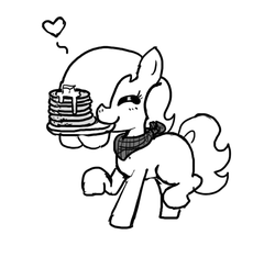Size: 640x600 | Tagged: safe, artist:ficficponyfic, oc, oc only, oc:emerald jewel, colt quest, breakfast, breakfast in bed, butter, child, colt, cute, eyes closed, foal, food, heart, male, monochrome, mouth hold, pancakes, plate, solo, story included, trotting, walking
