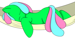 Size: 549x280 | Tagged: safe, artist:onyxpenstroke, oc, oc only, oc:shooting rainbow, earth pony, pony, eyes closed, hammock, male, simple background, sleeping, smiling, solo, white background