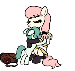 Size: 640x600 | Tagged: safe, artist:ficficponyfic, color edit, edit, oc, oc only, oc:emerald jewel, oc:hope blossoms, earth pony, pony, colt quest, adult, bag, child, clothes, color, colored, female, foal, garter belt, garters, hug, mare, robe, socks, thigh highs