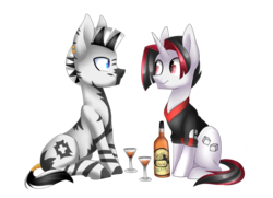 Size: 2733x1974 | Tagged: safe, artist:scarlet-spectrum, oc, oc only, oc:ace high, oc:haefen, pony, unicorn, zebra, alcohol, bottle, clothes, commission, duo, glass, simple background, sitting, transparent background, wavy mouth, whiskey