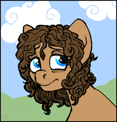 Size: 724x754 | Tagged: safe, artist:twiggy doodle, oc, oc only, oc:heartbreak, earth pony, pony, blue eyes, cloud, female, frown, grass, human in equestria, human to pony, male to female, mare, messy mane, my little heartbreak, rule 63, sad, sky, solo