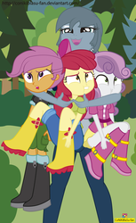 Size: 1137x1861 | Tagged: safe, artist:conikiblasu-fan, apple bloom, gabby, scootaloo, sweetie belle, equestria girls, g4, the fault in our cutie marks, boots, bow, clothes, cutie mark crusaders, equestria girls interpretation, equestria girls-ified, hoodie, hug, open mouth, pants, pouting, scene interpretation, shoes, shorts, skirt, this will end in pain, tight