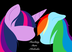 Size: 547x397 | Tagged: safe, artist:onyxpenstroke, rainbow dash, twilight sparkle, pony, g4, black background, cover art, faceless ponies, female, lesbian, mare, ship:twidash, shipping, simple background, title