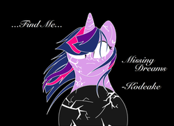 Size: 550x400 | Tagged: safe, artist:onyxpenstroke, twilight sparkle, g4, black background, cover art, cracked, crystal ball, female, simple background, solo, title