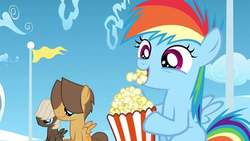 Size: 1137x640 | Tagged: safe, screencap, dumbbell, hoops, rainbow dash, pony, g4, the cutie re-mark, colt, filly, filly rainbow dash, food, popcorn