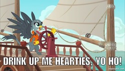 Size: 800x450 | Tagged: safe, edit, edited screencap, screencap, gabby, griffon, g4, the fault in our cutie marks, caption, female, gabby's shanty, image macro, meme, pirates of the caribbean, sailing, solo