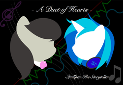 Size: 650x450 | Tagged: safe, artist:onyxpenstroke, dj pon-3, octavia melody, vinyl scratch, pony, g4, black background, bowtie, cover art, disembodied head, faceless ponies, female, head, headphones, lesbian, mare, music notes, ship:scratchtavia, shipping, simple background, title, treble clef