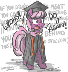 Size: 2824x3000 | Tagged: safe, artist:flutterthrash, cheerilee, earth pony, pony, g4, clothes, dialogue, female, graduation, graduation cap, hat, high res, mare, newbie artist training grounds, open mouth, pink floyd, signature, simple background, song reference, talking, the wall, white background