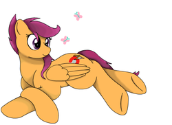 Size: 550x400 | Tagged: safe, artist:onyxpenstroke, scootaloo, butterfly, g4, alternate cutie mark, cute, female, lying down, older, simple background, small head, smiling, solo, white background