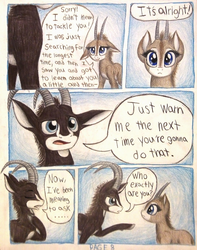 Size: 1068x1352 | Tagged: safe, artist:thefriendlyelephant, oc, oc only, oc:sabe, oc:uganda, antelope, giant sable antelope, comic:sable story, animal in mlp form, cloven hooves, comic, horns, pointing, speech bubble, traditional art