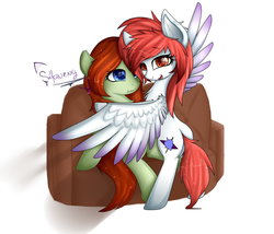 Size: 1024x878 | Tagged: safe, artist:shan3ng, oc, oc only, pegasus, pony, :3, colored pupils, couch, duo, duo female, female, lesbian, looking at you, signature, simple background, smiling, white background