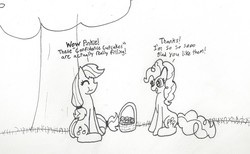 Size: 1446x892 | Tagged: safe, artist:ponybytesketches, applejack, pinkie pie, g4, cupcake, eating, food, monochrome, newbie artist training grounds