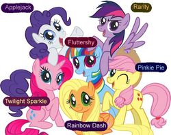 Size: 564x447 | Tagged: safe, applejack, fluttershy, pinkie pie, rainbow dash, rarity, twilight sparkle, g4, blatant lies, mane six, mane six opening poses, one eye closed, open mouth, prone, raised hoof, recolor, simple background, sitting, smiling, smirk, spread wings, wat, white background, wink, wrong, xk-class end-of-the-world scenario