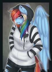 Size: 536x737 | Tagged: safe, artist:rainbowhitter, rainbow dash, pegasus, anthro, g4, cigarette, clothes, ear piercing, earring, emo, emodash, eyelashes, female, hand in pocket, hat, hoodie, jewelry, mare, piercing, rainbow dash always dresses in style, smoking, solo