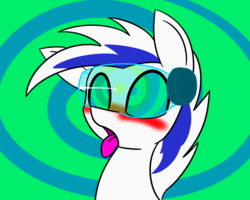 Size: 1280x1024 | Tagged: safe, artist:askhypnoswirl, oc, oc only, oc:stormrunner, pony, blushing, bust, glasses, helpless, hypnogear, hypnosis, solo, tech control, tongue out