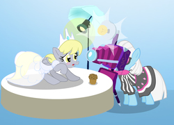 Size: 1025x740 | Tagged: safe, artist:shutterflye, derpy hooves, photo finish, earth pony, pegasus, pony, g4, camera, clothes, dress, duo, duo female, female, food, mare, muffin