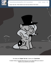 Size: 666x855 | Tagged: safe, artist:egophiliac, princess luna, moonstuck, g4, bowtie, eyes closed, female, filly, hat, monochrome, solo, top hat, woona, younger