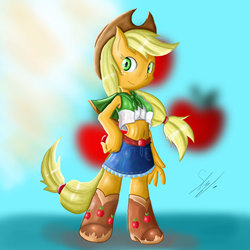 Size: 2000x2000 | Tagged: safe, artist:shogundun, applejack, earth pony, anthro, g4, ambiguous facial structure, belly button, boots, clothes, cowboy hat, denim skirt, drawing, equestria girls outfit, hat, high res, midriff, skirt, stetson
