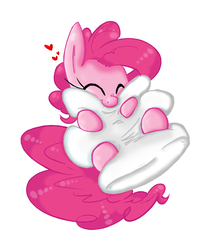 Size: 1584x1883 | Tagged: safe, artist:cupofjavabean, artist:leadhooves, artist:shogundun, pinkie pie, earth pony, pony, g4, biting, cuddling, cute, diapinkes, drawing, eyes closed, female, heart, pillow, simple background, snuggling, solo, white background