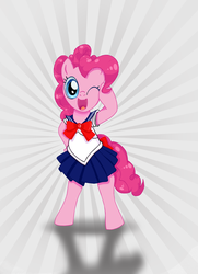 Size: 2372x3276 | Tagged: dead source, safe, artist:shogundun, pinkie pie, earth pony, pony, g4, bipedal, clothes, cosplay, costume, crossover, cute, diapinkes, female, high res, one eye closed, open mouth, sailor laughter, sailor moon (series), solo, sunburst background, wink