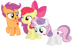 Size: 4725x3044 | Tagged: safe, artist:sketchmcreations, apple bloom, scootaloo, sweetie belle, earth pony, pegasus, pony, unicorn, g4, the fault in our cutie marks, apple bloom's bow, bow, cutie mark, cutie mark crusaders, female, filly, foal, grin, gritted teeth, hair bow, looking at each other, looking at someone, looking down, open mouth, raised hoof, simple background, smiling, spread wings, teeth, the cmc's cutie marks, transparent background, vector, wings