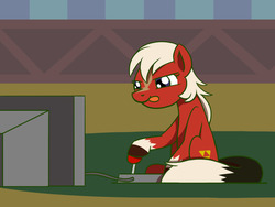 Size: 1280x960 | Tagged: safe, artist:flutterluv, earth pony, pony, atg 2016, controller, epona, epony, female, gaming, joystick, mare, newbie artist training grounds, playing, ponified, solo, television, the legend of zelda, tongue out
