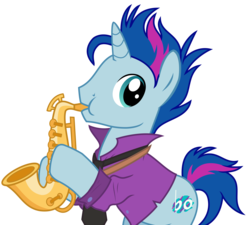 Size: 4216x3791 | Tagged: safe, artist:sketchmcreations, blue note, pony, unicorn, g4, the fault in our cutie marks, background pony, clothes, male, musical instrument, necktie, puffy cheeks, saxophone, shirt, simple background, solo, stallion, transparent background, vector