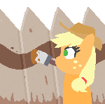 Size: 150x148 | Tagged: safe, artist:threetwotwo32232, applejack, earth pony, pony, g4, animated, cowboy hat, female, fence, freckles, gif, hat, lineless, loop, mare, painting, solo, the ride never ends