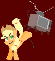 Size: 276x308 | Tagged: safe, artist:threetwotwo32232, applejack, earth pony, pony, g4, bucking, cowboy hat, cutie mark, elroy, female, hat, hooves, lineless, mare, percussive maintenance, simple background, smiling, solo, television