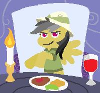 Size: 200x187 | Tagged: safe, artist:threetwotwo32232, daring do, g4, alcohol, body pillow, candle, champagne, daring daki, female, food, open mouth, plate, smiling, smirk, solo, waifu dinner, wine