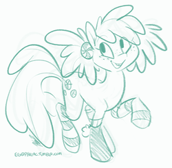 Size: 710x696 | Tagged: safe, artist:egophiliac, minty, earth pony, pony, g3, g4, clothes, female, freckles, g3 to g4, generation leap, monochrome, raised hoof, simple background, socks, solo, striped socks, white background