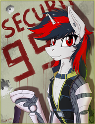 Size: 2000x2600 | Tagged: safe, artist:twotail813, oc, oc only, oc:blackjack, cyborg, pony, unicorn, fallout equestria, fallout equestria: project horizons, rcf community, amputee, augmented, cyber legs, cybernetic legs, fanfic, fanfic art, female, high res, hooves, horn, level 1 (project horizons), mare, solo