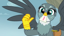 Size: 1595x901 | Tagged: safe, edit, edited screencap, screencap, gabby, griffon, g4, the fault in our cutie marks, bag, cute, discovery family logo, female, gabbybetes, mail, solo