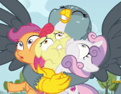 Size: 360x280 | Tagged: safe, screencap, apple bloom, gabby, scootaloo, sweetie belle, earth pony, griffon, pony, g4, the fault in our cutie marks, animated, cutie mark, cutie mark crusaders, female, gif, hug, loop, squishy cheeks, squishy hugs, the cmc's cutie marks