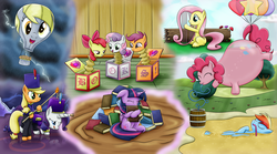 Size: 4200x2343 | Tagged: safe, artist:lifesharbinger, apple bloom, applejack, derpy hooves, fluttershy, pinkie pie, rainbow dash, rarity, scootaloo, sweetie belle, twilight sparkle, alicorn, balloon pony, pony, g4, balloon, book, cannon, cutie mark, cutie mark crusaders, female, filly, harp, heffalumps and woozles, hot air balloon, imminent popping, inanimate tf, inflation, jack-in-the-box, mane six, musical instrument, the cmc's cutie marks, transformation, twilight sparkle (alicorn), wat, winnie the pooh