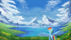 Size: 1280x720 | Tagged: safe, artist:ailynd, rainbow dash, pegasus, pony, g4, butt, female, grass, lake, plot, scenery, signature, solo