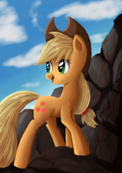 Size: 849x1200 | Tagged: safe, artist:ailynd, applejack, earth pony, pony, g4, cowboy hat, female, freckles, hat, mountain, open mouth, solo, stetson, stroll