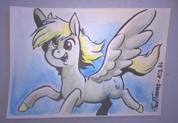 Size: 2655x1840 | Tagged: safe, artist:taritoons, derpy hooves, pegasus, pony, g4, female, flying, mare, solo, traditional art