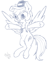 Size: 600x750 | Tagged: safe, artist:malwinters, rainbow dash, g4, hurricane fluttershy, female, flying, hat, monochrome, newbie artist training grounds, rainbow dashs coaching whistle, smiling, solo, underhoof, whistle, whistle necklace