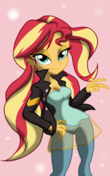 Size: 1200x1920 | Tagged: dead source, safe, artist:theroyalprincesses, sunset shimmer, equestria girls, g4, breasts, busty sunset shimmer, clothes, female, hand on hip, leather jacket, lidded eyes, looking at you, smiling, solo