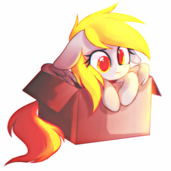 Size: 1900x1900 | Tagged: safe, artist:mirtash, derpy hooves, pegasus, pony, rcf community, g4, box, chromatic aberration, female, floppy ears, mare, pony in a box, simple background, solo