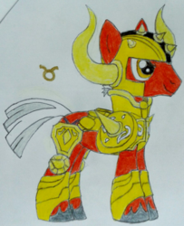 Size: 876x1080 | Tagged: safe, artist:cnsfan2, taurus (g4), earth pony, pony, g4, crossover, male, ponyscopes, saint seiya, solo, stallion, taurus, traditional art, zodiac