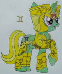 Size: 914x1080 | Tagged: safe, artist:cnsfan2, gemini (g4), pony, unicorn, g4, crossover, female, gemini, horn, mare, ponyscopes, raised hoof, saint seiya, solo, traditional art, zodiac