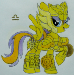 Size: 995x1005 | Tagged: dead source, safe, artist:cnsfan2, libra (g4), pegasus, pony, g4, crossover, female, libra, mare, ponyscopes, raised hoof, saint seiya, solo, traditional art, zodiac