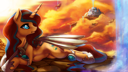 Size: 2400x1350 | Tagged: safe, artist:fidzfox, oc, oc only, oc:princess tempora, alicorn, pony, alicorn oc, artificial wings, augmented, cataract, cloud, cloudy, cute, desert, fake wings, floating castle, floating island, horn, mechanical wing, sky, solo, wings