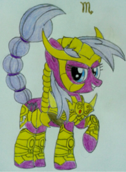 Size: 788x1075 | Tagged: dead source, safe, artist:cnsfan2, scorpio (g4), earth pony, pony, g4, crossover, female, mare, ponyscopes, saint seiya, scorpio, solo, traditional art, zodiac