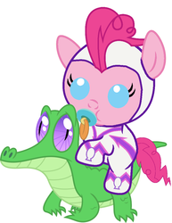 Size: 786x1017 | Tagged: safe, artist:red4567, fili-second, gummy, pinkie pie, pony, g4, power ponies (episode), baby, baby pie, baby pony, cute, diapinkes, pacifier, ponies riding gators, power ponies, riding, weapons-grade cute