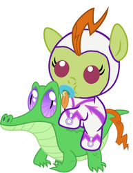 Size: 786x1017 | Tagged: safe, artist:red4567, fili-second, gummy, pony, g4, baby, baby pony, cute, pacifier, ponies riding gators, power ponies, riding, weapons-grade cute