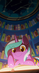 Size: 500x929 | Tagged: safe, artist:lanmana, oc, oc only, oc:mane event, pony, unicorn, bronycon, book, constellation, glowing, happy, library, perspective, reading, solo, sparkles, underlighting